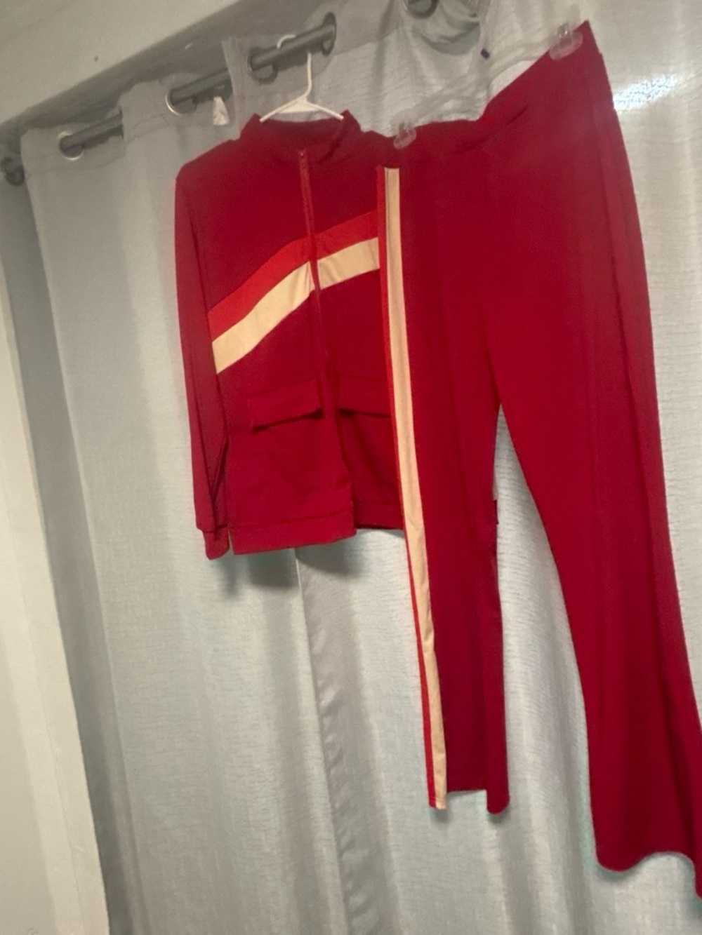 Red Two-Piece Track Suit with Cream and Orange Stripe